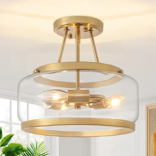 Vista 12 de Lámpara de techo semiempotrada dorada de 11.81 pulgadas, moderna lámpara de techo de tambor de cristal, lámpara de techo de 3 luces para pasillo