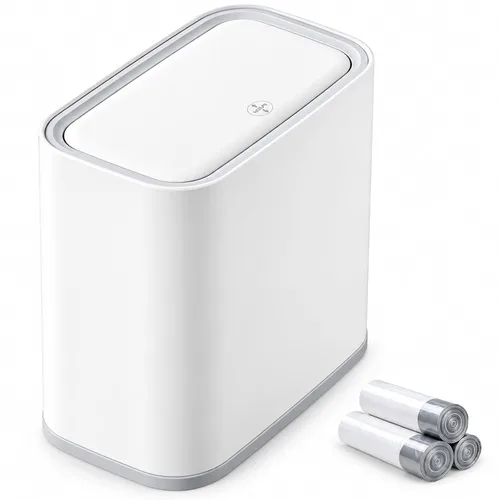 Vista 10 de Basurero pequeño para baño con tapa, 3.2 galones, color blanco Tapa de madera