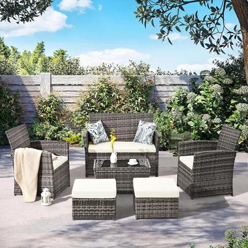 Vista 5 de Juego de muebles de patio de 6 piezas, juego de conversación de mimbre para exteriores, sofá modular de ratán con mesa de centro de cristal