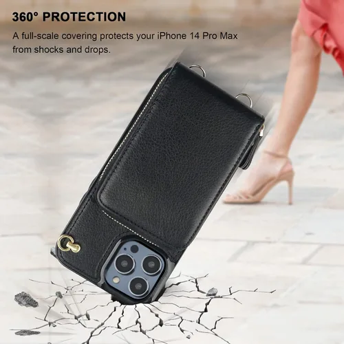Vista 8 de KIHUWEY - Funda tipo cartera cruzada para iPhone 14 Pro Max, color negro