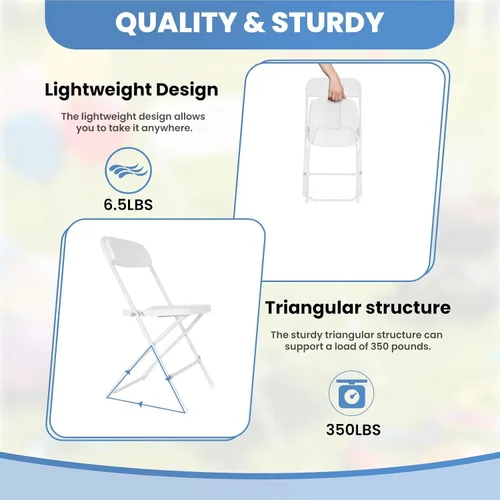 Vista 5 de Heavy-Duty Folding Chairs 10 Pack, White, Commercial Grade Steel Frame & Durable Plastic Seat, 350-lb Static Capacity, Foldable and Stackable for