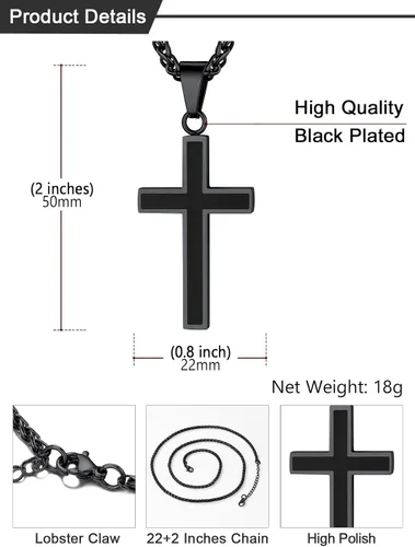 Vista 4 de U7 Collar de cruz simple para hombres y mujeres, acero inoxidable, plateado, negro, oro, cruz latina, colgante, grabable, longitud de 22 a 24
