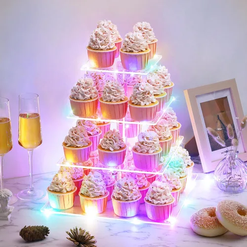 Vista 5 de Suneerplay Soporte para cupcakes de 4 niveles con cadena de luz LED, soporte de exhibición de cupcakes de acrílico, soporte cuadrado para torre