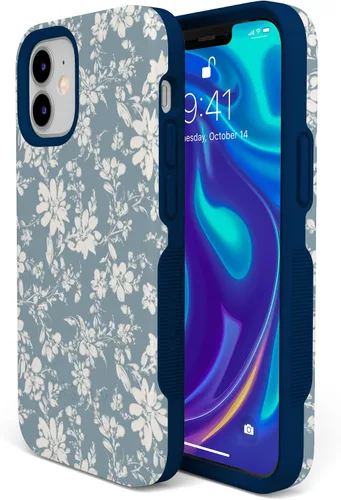 Vista 2 de Casely Funda para iPhone 12 Mini Té de la tarde Floral azul Diseño protector audaz Compatible con MagSafe