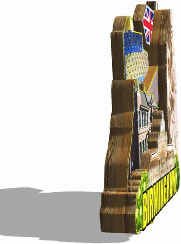 Vista 2 de Imán de nevera con imán de Reino Unido Birmingham Inglaterra 3D, monumentos de madera para viajes, recuerdos coleccionables, decoración hecha a