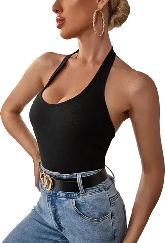 Vista 4 de SheIn Camiseta sin mangas con cuello halter para mujer, estilo casual, de punto acanalado