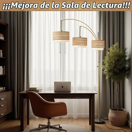 Vista 8 de Lámpara de pie de ratán dorado para sala de estar, lámpara de pie bohemia de 80 pulgadas de alto con interruptor giratorio, lámpara de arco de 3