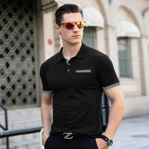 Vista 4 de Polo ajustado para hombre, manga corta, casual, de algodón, con bolsillo, color sólido, para verano