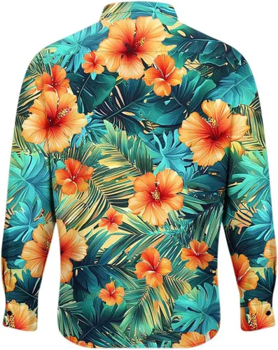 Vista 7 de Camisa hawaiana de manga larga con botones florales tropicales para hombre, camisas de playa con estampado de flores, camisas casuales de viaje