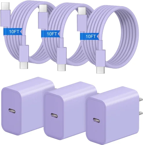 Vista 9 de Cargador de carga rápida para iPhone 17, 16, 15, paquete de 3+3 cargadores de pared USB C de 20 W con cable de carga rápida de 6 pies compatible
