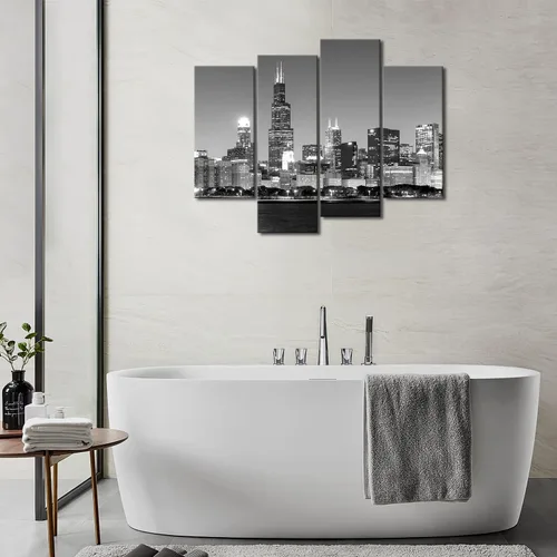 Vista 4 de 4 unidades de pintura de tela moderna arte de pared la imagen para la decoración del hogar, vista panorámica del horizonte de Chicago de noche