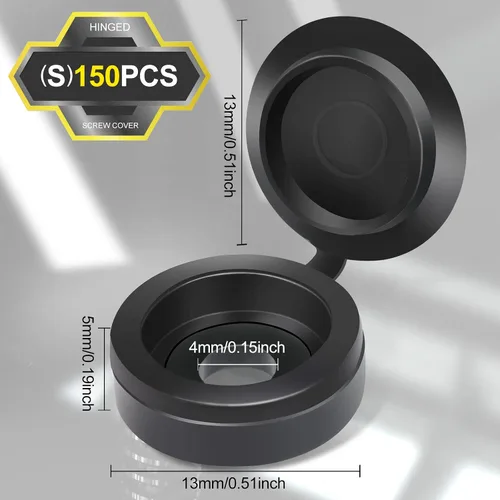 Vista 2 de 150 tapas de rosca, cubiertas de plástico negro con bisagras, tamaño S, se adapta a tornillos #6/#8 (M3/M4), 150 piezas