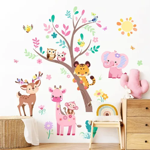 Vista 4 de Supzone Calcomanías de pared de árbol de animales de la selva, elefante rosa, jirafa, calcomanías de pared para niños y niñas, dormitorio, sala