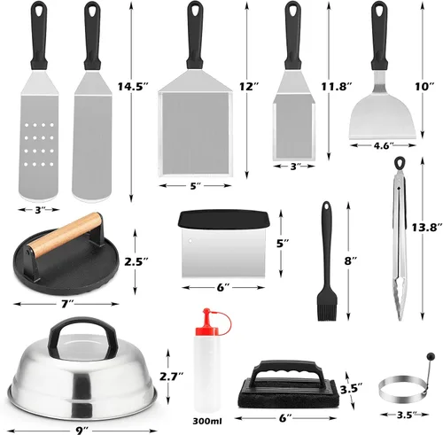Vista 2 de HaSteeL Kit de 18 accesorios para plancha, herramientas Teppanyaki para cocinar a la parrilla de campamento, cúpula de fusión de acero inoxidable