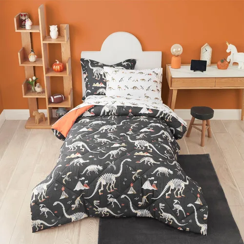 Vista 14 de PPOLCA Juego de edredón de dinosaurio azul tamaño individual para niños, ropa de cama de 5 piezas con sábanas y funda de almohada, súper suave