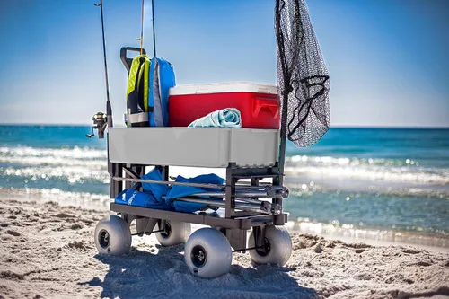 Vista 7 de Mighty Max Cart Carro de playa plegable de dos pisos para exteriores con neumáticos de arena, 2.5 pies cúbicos de polietileno para bañera y caña