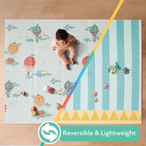 Vista 2 de Nuby Tapete reversible para bebé, plegable y ligero, tapete de juego infantil de espuma, 77 x 58 pulgadas, fácil almacenamiento y viaje, globos