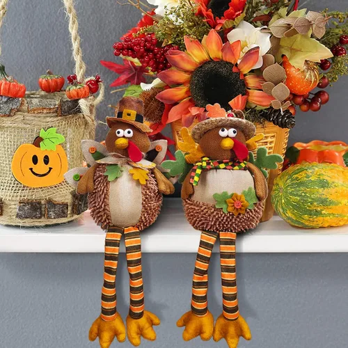Vista 2 de Ogrmar Paquete de 2 muñecas de pavo de peluche de 15 pulgadas, decoración de mesa de Acción de Gracias, exquisita muñeca de felpa de pavo hecha a