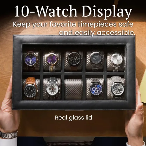 Vista 3 de HOUNDSBAY Yachtsman - Organizador de cajas de relojes, organizador de joyas de lujo con cajón, bandeja para anillos y tapa de cristal, gran estuche