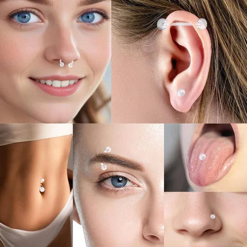Vista 2 de Yolev Juego de 55 piercings de acrílico transparente: aretes para la nariz, aros para la nariz, anillos para el vientre, retenedores de tabique