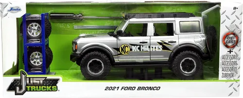 Vista 8 de Jada Toys Just Trucks 1:24 2021 Ford Bronco - Coche fundido a presión gris con estante para neumáticos, juguetes para niños y adultos