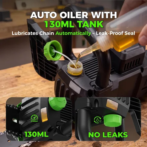 Vista 5 de NovorikX Motosierra inalámbrica de 20 V, motosierra eléctrica de 10 pulgadas con batería de 4.0 Ah y cargador, engrasador automático, tensión
