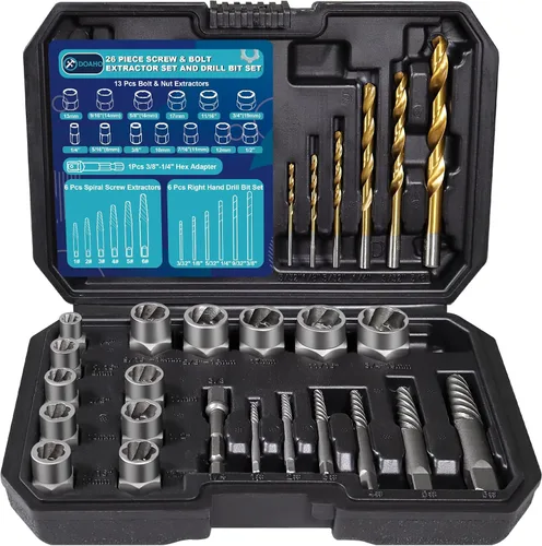Vista 9 de DOAHO Juego de extractor de tornillos dañados de 9 piezas, kit de extractor de tornillos HSS 4341 de 6 piezas y kit de brocas de 3 piezas