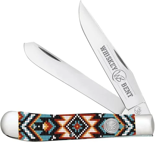 Vista 12 de WHISKEY BENT HAT CO. Navaja de bolsillo plegable tradicional Trapper de 4.125 pulgadas, longitud cerrada, cuchillas de acero inoxidable 440C (azteca)