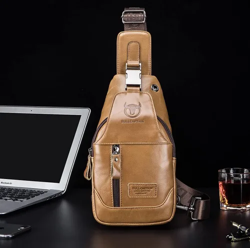 Vista 3 de BULLCAPTAIN Cuero auténtico hombres Sling mochila multi bolsillo crossbody pecho Bolsas viaje senderismo Daypack, Mochilas Sling, marrón