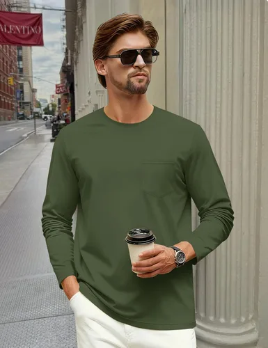 Vista 3 de Cotrasen Camisetas de manga larga para hombre de algodón con cuello redondo, camisetas T con bolsillo que absorben la humedad, suaves, cómodas