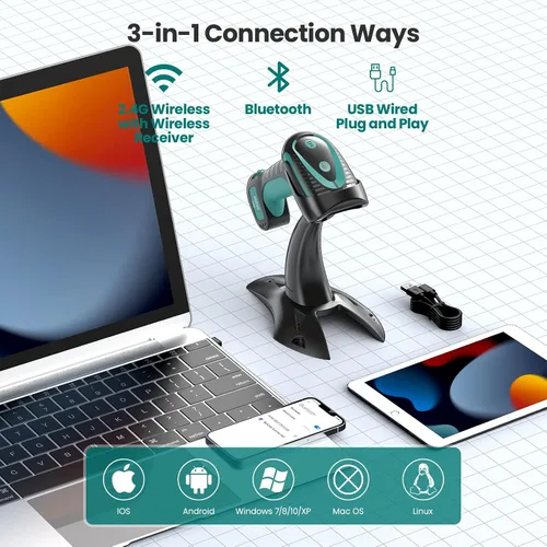 Vista 2 de Escáner de código de barras inalámbrico con soporte, escáner de código de barras industrial 1D 2D QR Bluetooth para Android, iOS, Windows, Mac