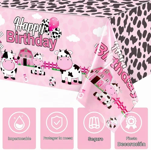 Vista 4 de Tiamon 3 manteles de plástico de 108 x 54 pulgadas para fiesta de cumpleaños de vaca, funda de mesa con estampado de vaca rosa, manteles de animales