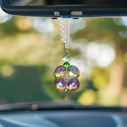 Vista 8 de H&D HYALINE & DORA Adorno colgante de cristal para espejo retrovisor de automóvil con trébol de cuatro hojas, adorno colgante para accesorios