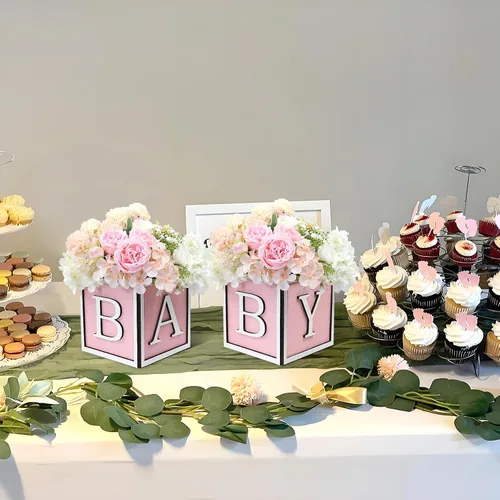 Vista 5 de Juego de 4 centros de mesa de baby shower para mesas, cajas de madera de 6 pulgadas con letras de bebé, cubos rústicos, bloques de madera para Rosa