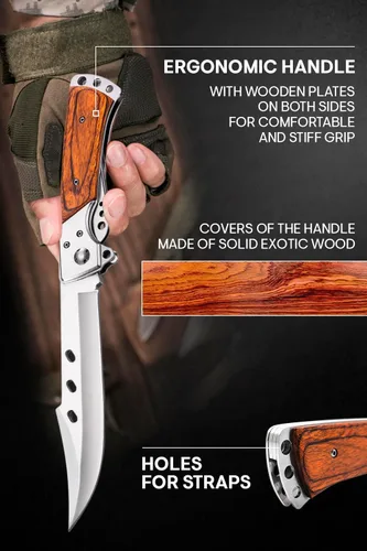 Vista 6 de Grand Way Cuchillo plegable de hoja larga – Cuchillos afilados para caza, senderismo, campamento, supervivencia táctica y trabajo para hombres