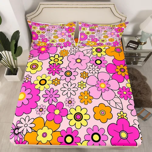 Vista 29 de Juego de ropa de cama con diseño floral bohemio, tamaño individual, diseño retro de flores groovy, 60S y 70S, diseño de flores hippie para niños