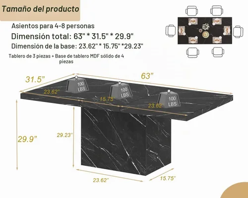 Vista 2 de HSH Mesa de comedor de mármol sintético negro, mesa de comedor moderna de 63 pulgadas para 6 personas, mesa de cocina rectangular de granja