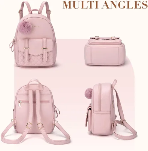Vista 6 de Missnine Mini mochila para mujer, bonita mochila pequeña con pompón, de piel sintética, mochila pequeña casual para mujer, rosado (2-Pink)