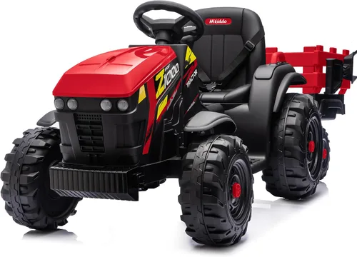 Vista 9 de Hikiddo Juguete tractor de paseo para niños de 24 V, tractor eléctrico para niños de 3 a 8 años con remolque, motores de 2 x 200 W, color negro