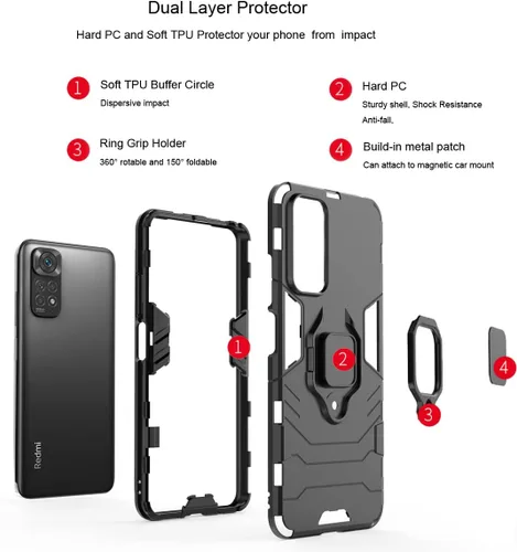 Vista 3 de Funda para Xiaomi Redmi Note 11/Note 11S (no 5G) con protector de pantalla de vidrio templado híbrido resistente Armadura protectora con soporte