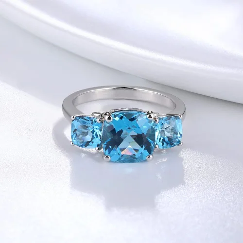 Vista 2 de supermodel 925 Sterling Silver Solitaire 3 Stone Statement Ring for Women 4 Cttw 8MM Natural Blue Topaz Promise Ring 18K White Gold Plated Size 6