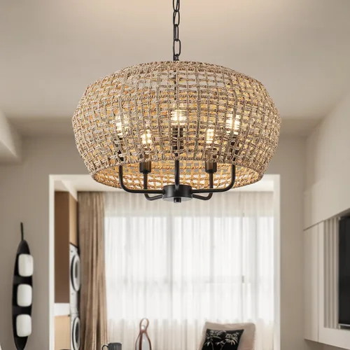 Vista 4 de Lámpara de araña de ratán bohemio de 20 pulgadas para comedor, 5 luces tejidas a mano de ratán natural con cadena ajustable, enchufes E12