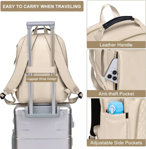 Vista 5 de Mochila Kuosdaz para Mujeres, Beige, 15,6 pulg. 15.6 Inch Cute Quilted Laptop Backpack, Large Bookbag for Middle School College Students, Beige