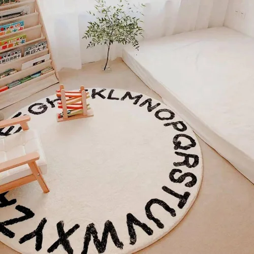 Vista 5 de MOJUN Alfombra redonda del alfabeto de 2.6 pies con dibujos animados ABC para niños y niñas, antideslizante, para aula, guardería, habitación de Azul