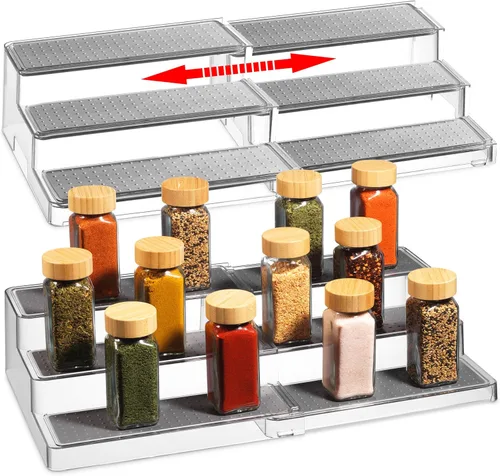 Vista 7 de Oizeir Estante organizador de especias expandible – 3 niveles – Estante transparente ajustable para organización de especias para armario de cocina