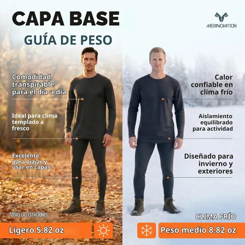 Vista 4 de MERINNOVATION Merino Wool Base Layer Set for Men 100% Merino Wool Pajamas Set Thermal Sleep PJS Lite - Midweight Top, Bottom . Carbón 165