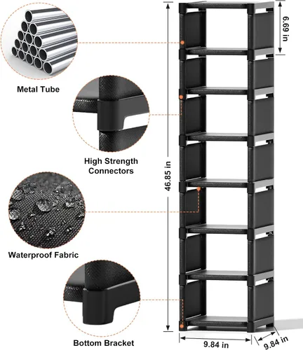 Vista 3 de Organizador de zapatos de 8 niveles, almacenamiento vertical estrecho que ahorra espacio, estante de esquina de pie libre de metal para armario