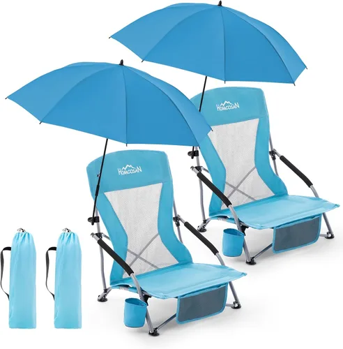 Vista 28 de Homcosan Silla de playa portátil baja plegable con paraguas desmontable, silla de campamento ligera para adultos con portavasos y bolsillo