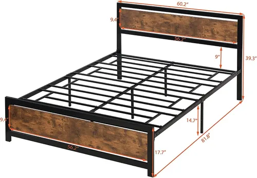 Vista 2 de Majnesvon Base de cama resistente de tamaño Queen con cabecera de madera moderna, plataforma de metal con marco de hierro esmerilado, almacenamiento