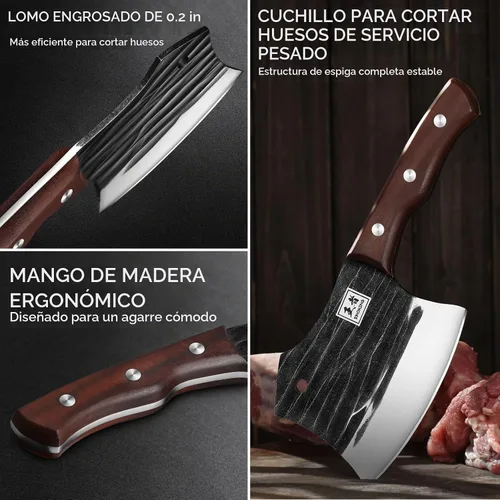 Vista 6 de ENOKING Cuchillo de carnicero de 5.7 pulgadas, cuchillo forjado a mano resistente para huesos con mango de madera, cuchillo de carnicero de espiga